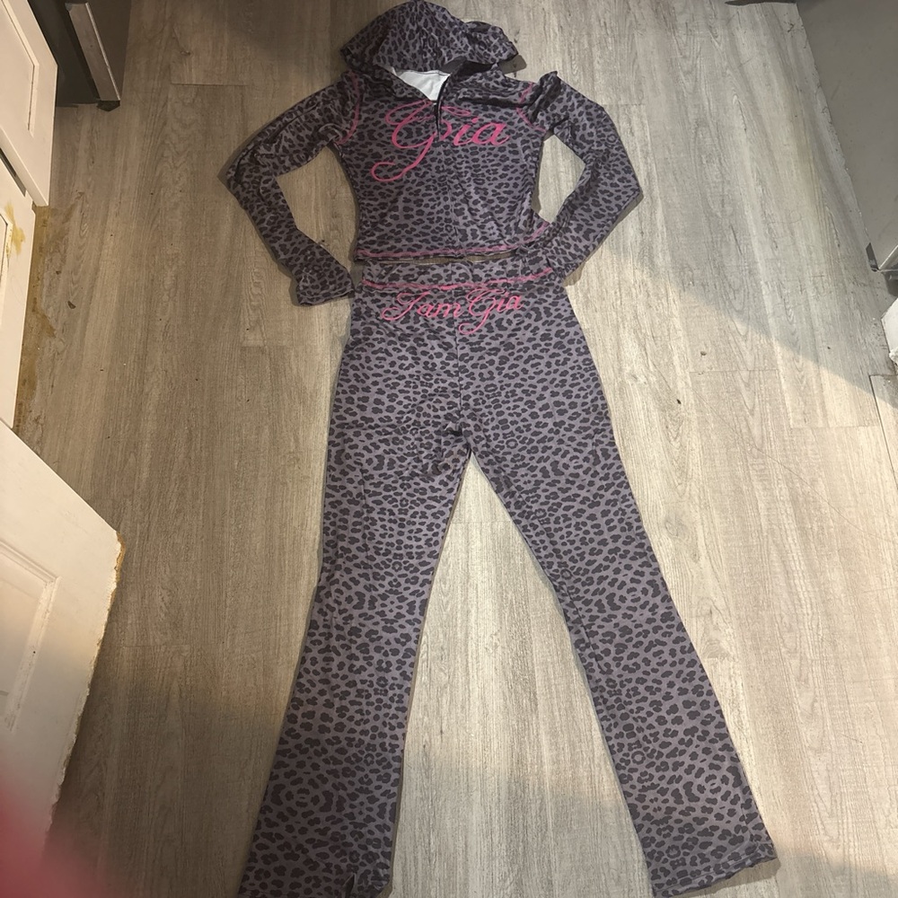 I.AM.GIA Gray Leopard Print Flare Pants